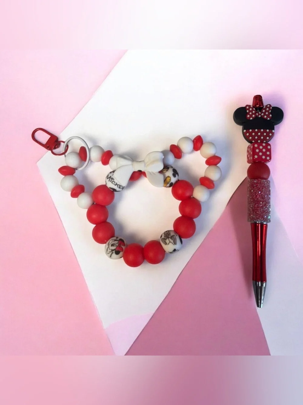 Hand Crafted Red & White Mouse Ear Beaded Keychain & Pen Set